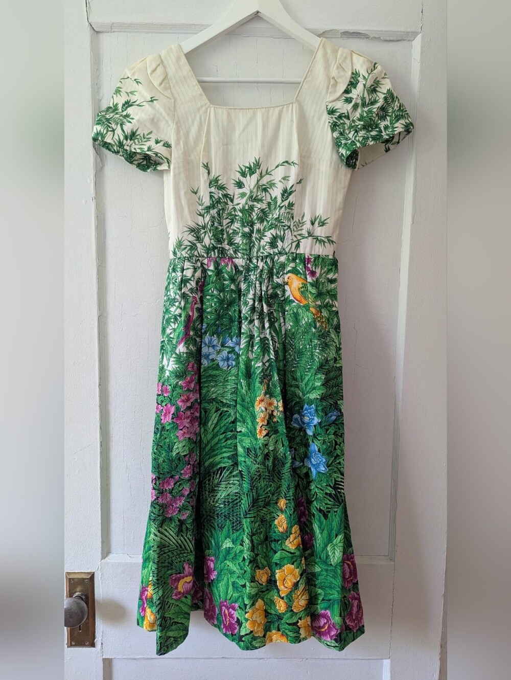 Vtg Frank Oujezdsky Haute Couture 1950s Tropical Bird Botanical Day Dress